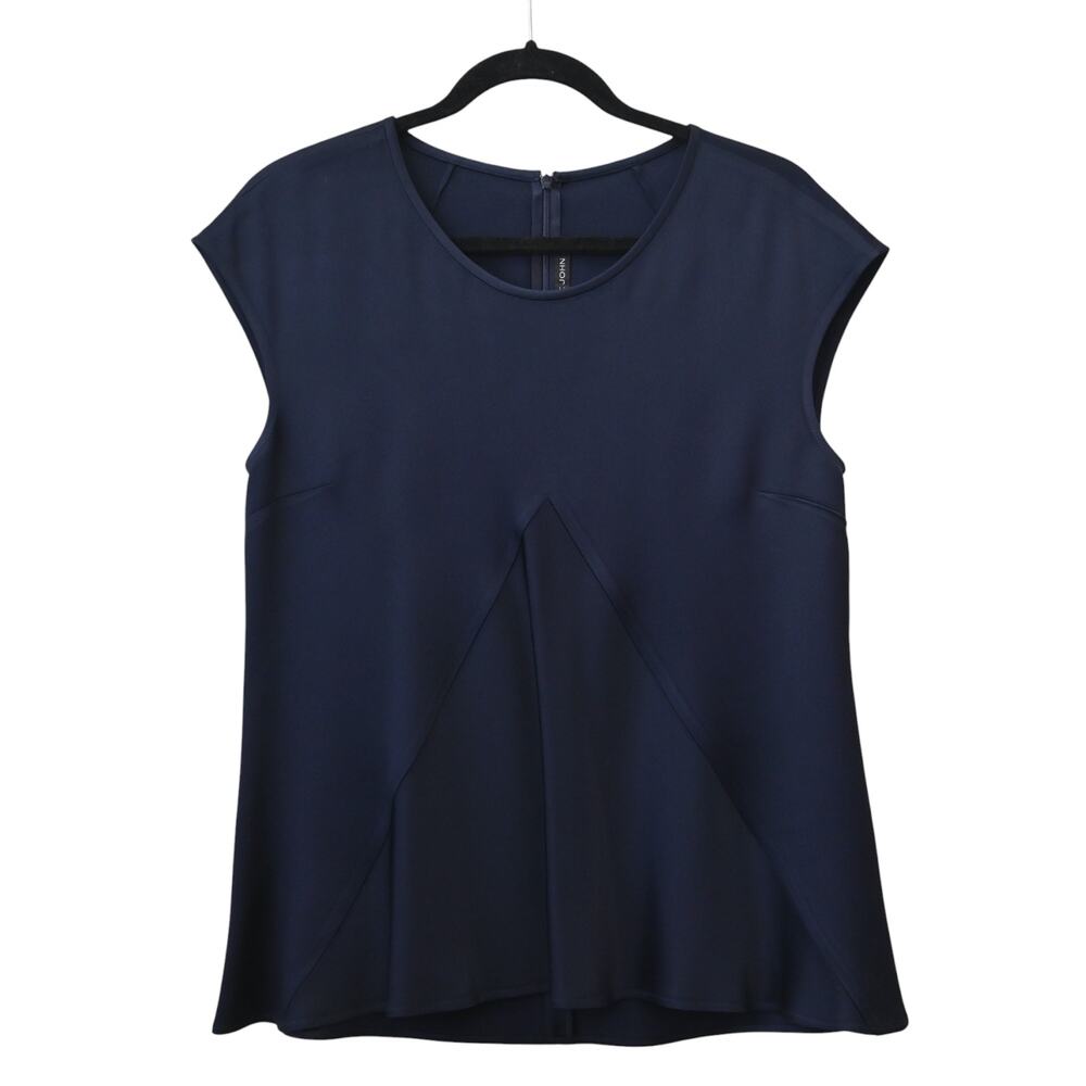 St John Navy Blue Cap Sleeve Flowy Satin Blouse Size M